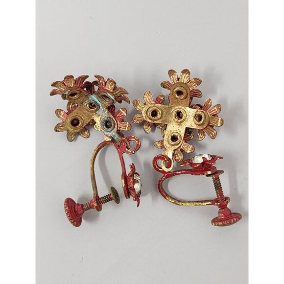 Vintage Costume Screw-On Earrings Red With Rhinestones‎ - Picture 2 of 3